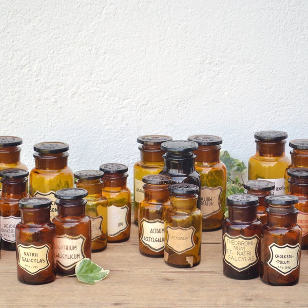 Set di barattoli da farmacia vintage - Bottiglie da farmacia con tappi in vetro ambrato marrone