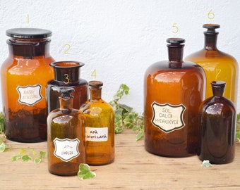 Vintage Apothecary Jars with Stoppers from Brown Amber Glass in Different Sizes
