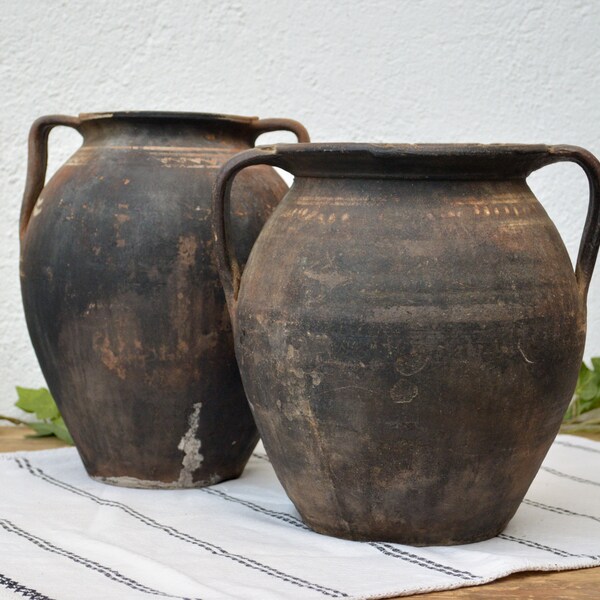Primitive Jugs, Rustic Burned Clay Pitcher, Old Cooking Vessel