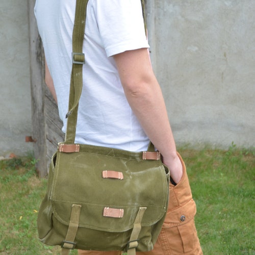 Vintage Messenger Bag, Unisex Military Haversack, Green Heavy Duty