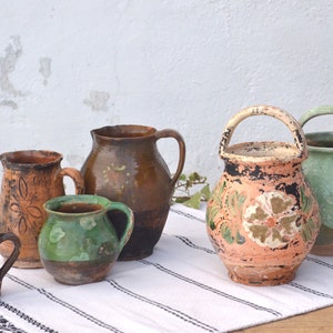 Antique Green and Brown Jugs, Primitive Clay Pitcher, Old Water Vessel