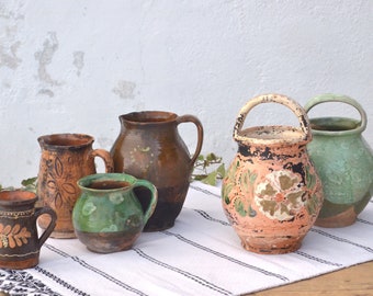 Antique Green and Brown Jugs, Primitive Clay Pitcher, Old Water Vessel