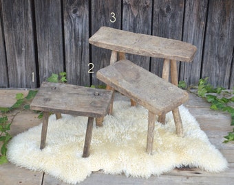 Rustic European Wooden Stools, Primitive Milking Stool, High Step Stool