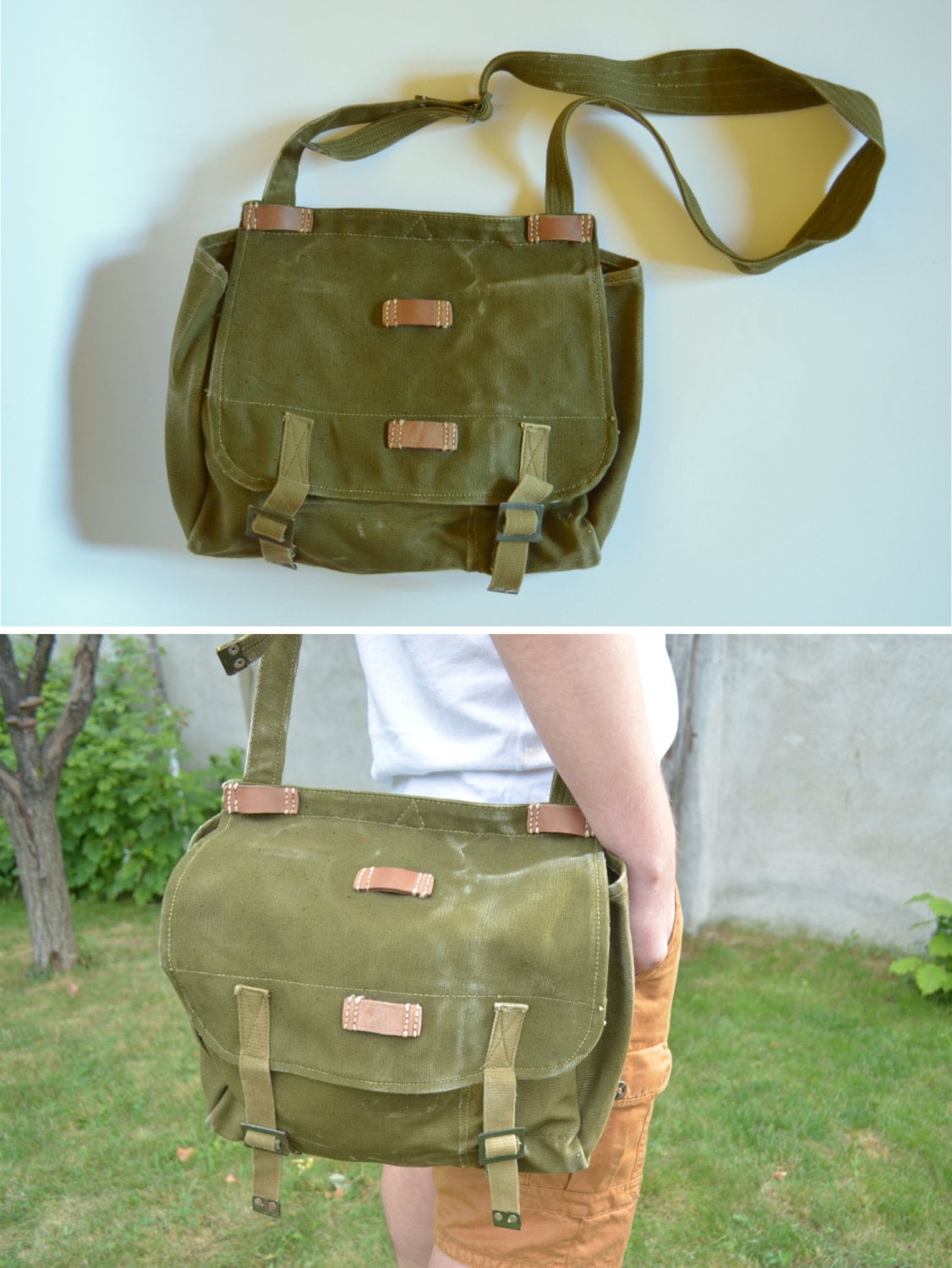 Vintage Messenger Bag Unisex Military Haversack Green Heavy 