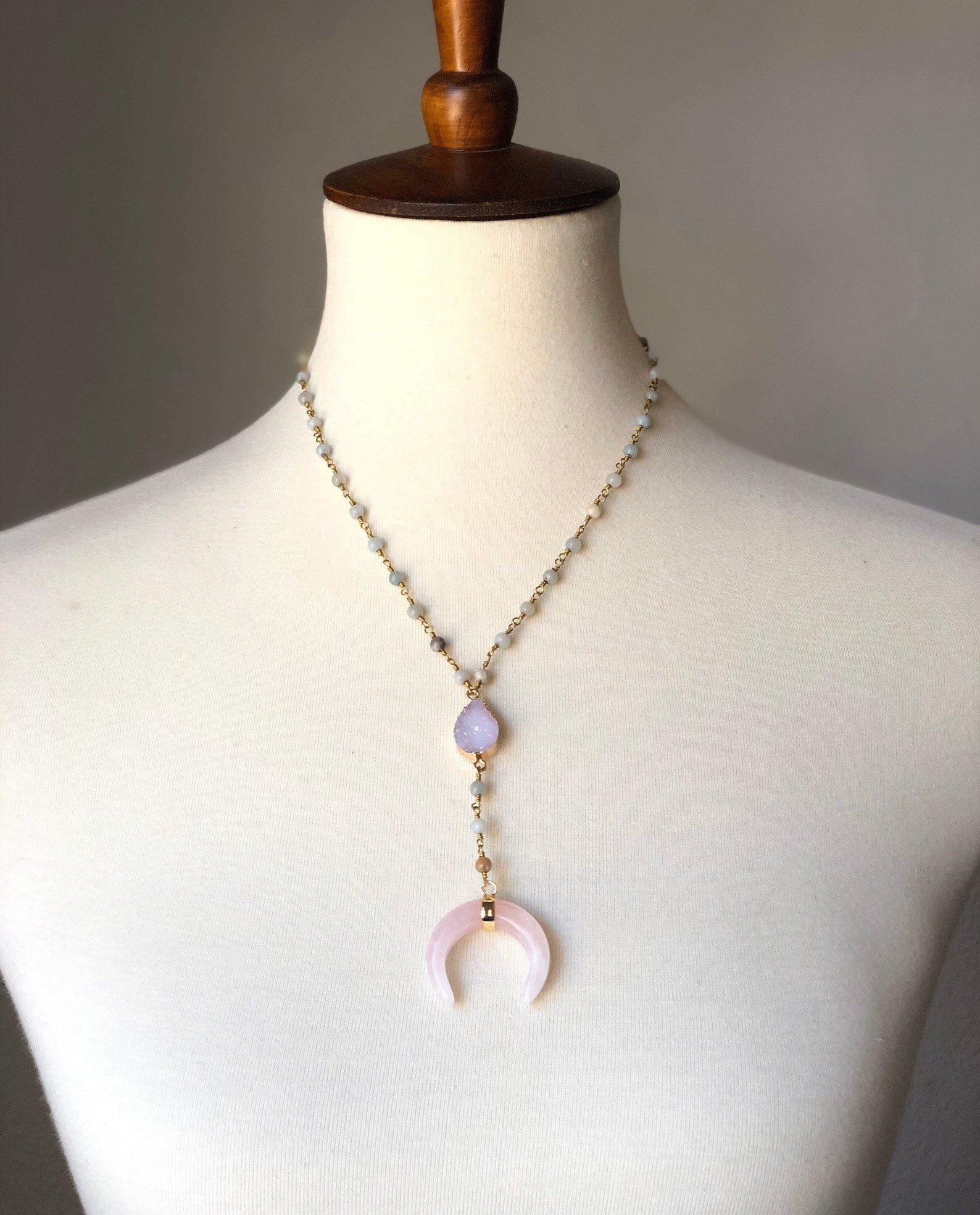 Rose Quartz Crescent Moon Crystal Amazonite beaded rosemary Etsy