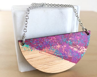 WEARABLE ART painted wood necklace - abstract laser cut half moon geometric jewellery
