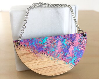 WEARABLE ART painted wood necklace - abstract laser cut half moon geometric jewellery