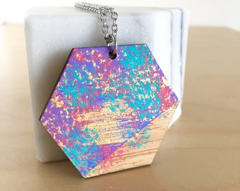 WEARABLE ART painted wood necklace - abstract laser cut hexagon geometric jewellery