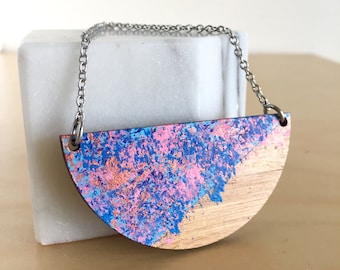 WEARABLE ART painted wood necklace - abstract laser cut half moon geometric jewellery