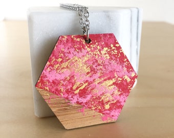 WEARABLE ART painted wood necklace - abstract laser cut hexagon geometric jewellery