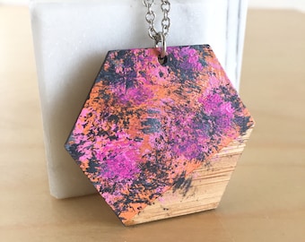 WEARABLE ART painted wood necklace - abstract laser cut hexagon geometric jewellery