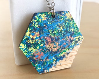 WEARABLE ART painted wood necklace - abstract laser cut hexagon geometric jewellery