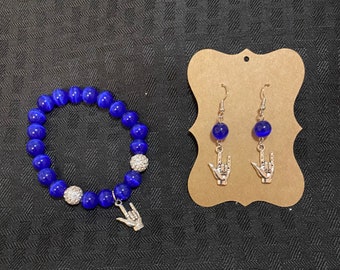 Cats eye dark blue glass beads bracelet with sliver I love you hand ASL charm and color match with earrings too