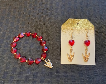 Red heart crystal glass beads bracelet and earrings with gold I love you hand ASL