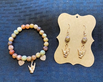 Natural soap stone beads bracelet with gold I love you hand ASL and color match earrings too