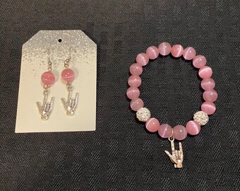 Cats eye pink glass 10mm beads bracelet with sliver I Love you hand ASL and color match earrings too