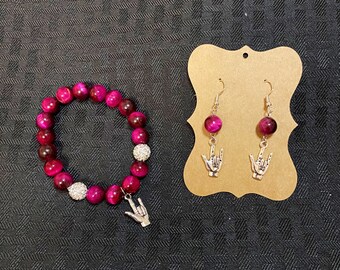 Hot pink tiger eyes stone bracelet with I love you hand ASL and color match earrings too