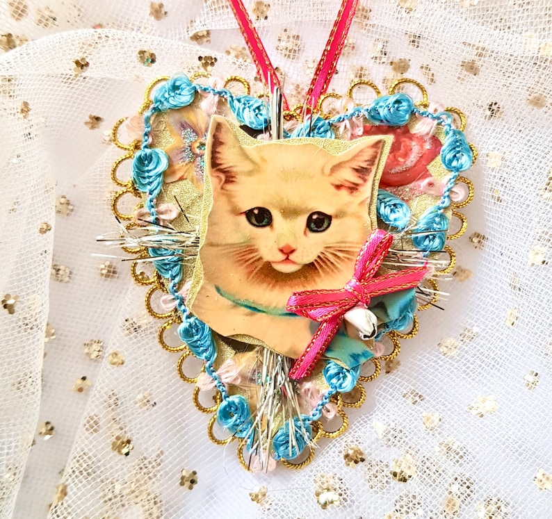 Lovely Pussy cat decorations with ribbon bow and tiny bell and greeting of choice Birthday keepsake.