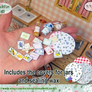 May include: Miniature food and accessories for a dollhouse kitchen. The image shows small jars, labels, and jar covers. The labels include text such as "Pickles", "Honey", and "Strawberry". The text "Includes the covers for jars and sealing wax" is also visible.