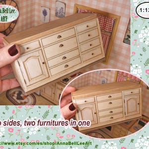 1:12 Isla de cocina de madera en miniatura, superficie de trabajo, mesa de casa de muñecas con cajones, bricolaje imprimible, tutorial.