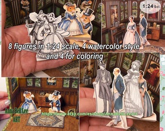 May include: A collection of paper figures in 1:24 scale, including watercolor-style and coloring options. The image shows eight figures, with four in watercolor style and four for coloring. The figures are of mice dressed in period clothing.