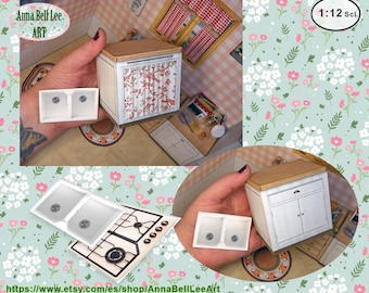 1:12 Miniatur-Küchenschrank, Arbeitsfläche, Spülbecken und Gaskocher im Puppenhaus, Printable DIY, Bastelbogen.