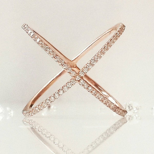 X Ring, Rose Gold Criss Cross Ring, Rose Criss Cross Ring, CZ X Ring