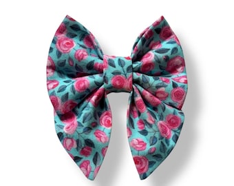 Rose Print Dog Sailor Bow Tie | Floral Puppy Bow | Teal Dog Bow Tie | Cute Dog Collar Accessory
