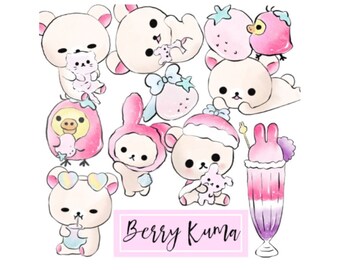 Digital Clip Art | Berry Kuma Character Clip Art, Bear Kuma Hand Drawn Clip Art, Bear Clip Art Watercolor Hand Illustration