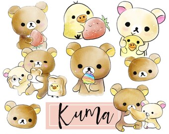 Digital Clip Art | Kuma Character Clip Art, Hand Drawn, Watercolor Hand Illustration