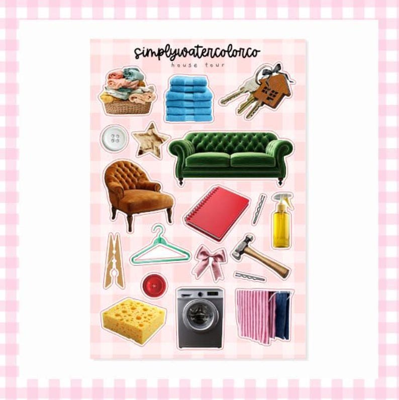 May include: A sticker sheet with watercolor illustrations of household items. Includes a green sofa, a red notebook, a washing machine, keys, and a clothesline. The text "simplywatercolorco house tour" is at the top.
