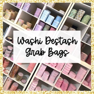 May include: Shelves filled with rolls of washi tape in a variety of colours and patterns. The image features the text "Washi Destash Grab Bags". The tape includes shades of pink, blue, purple, and patterned designs, perfect for crafting projects.