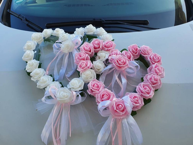 Autoschmuck Hochzeit, 2 Herzen mit Blüten, Farbwahl Bild 9