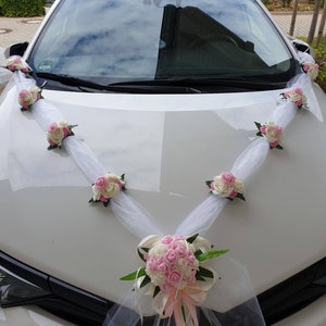 Autoschmuck Hochzeit , Girlande in V mit Organza Band und Blüten, Farbe nach Wunsch. Bild 8
