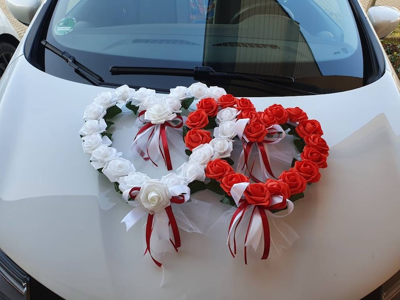 Autoschmuck Hochzeit, 2 Herzen mit Blüten, Farbwahl Bild 5