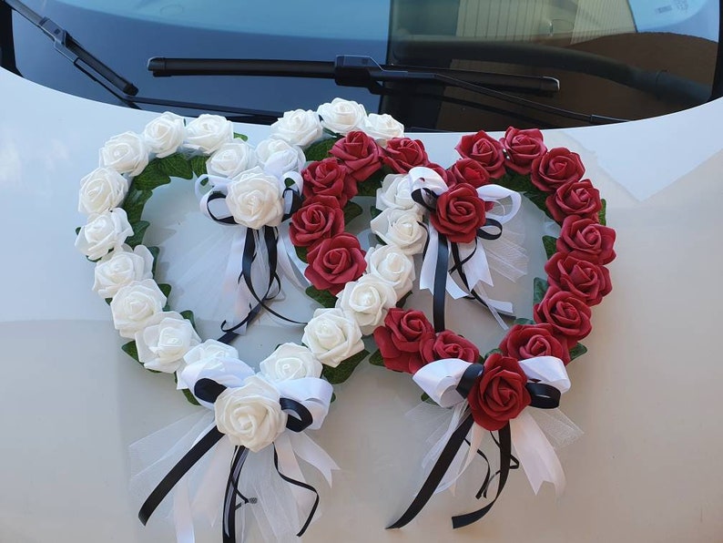 Autoschmuck Hochzeit, 2 Herzen mit Blüten, Farbwahl Bild 4