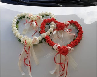 Autoschmuck Hochzeit, 2 Herzen mit Blüten, Farbwahl
