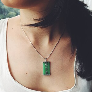 Rectangular jade pendant with Chinese 福fortune 禄wealth 寿long life, jade jewelry, Chinese jade-silver pendant image 2
