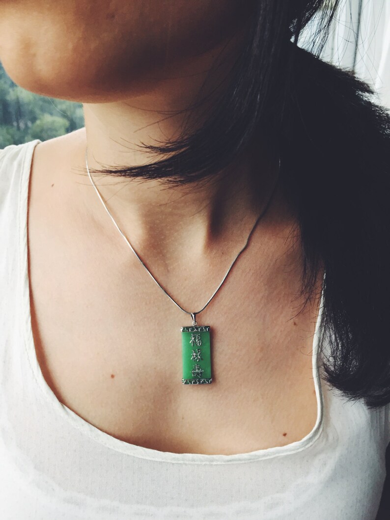 Rectangular jade pendant with Chinese 福fortune 禄wealth 寿long life, jade jewelry, Chinese jade-silver pendant image 2