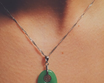 Oval jade pendant with silver Chinese character 'Fu' (福) at the top, jade jewelry, Chinese jade-silver jewelry, jade-silver pendant