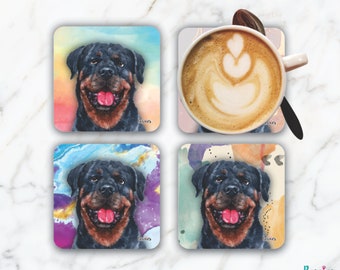 May include: Set of four square coasters featuring a watercolor illustration of a Rottweiler dog with a colorful background. The coasters are perfect for protecting surfaces from spills and scratches.