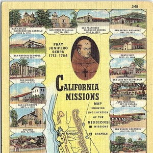 VTG ok. 1947 r. Opublikowano pocztówkę z płótna kalifornijskiego Mapa misji Fray Junipero Serra Santa Monica CA Stempel pocztowy nr 548 Western Publishing Curt Teich