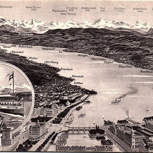 Vintage unposted postal steamboat paseos por hora tours en el lago Zurich Suiza Swiss Orell Fussli 1926 10000 Blanco y Negro