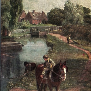 Cartão postal de arte vintage não postado John Constable Pintura "Flatford Mill" Detalhe # 1498 Medici Society Ltd. Londres Impresso na Grã-Bretanha