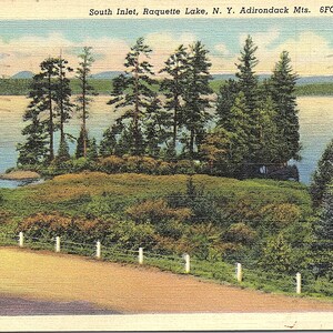 Stara, ręcznie kolorowana pocztówka z lnu South Inlet Raquette Lake Adirondack Mountains Nowy Jork 6FC 7A-H3069 NY 1944 Stempel pocztowy Curt Teich