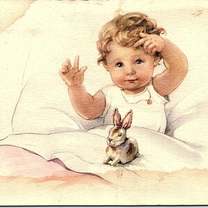 vintage Carte postale non postée Du début des années 1900 Illustration Petit enfant avec bébé lapin lapin fabriqué en Italie #11 Mario Dorconi Milan