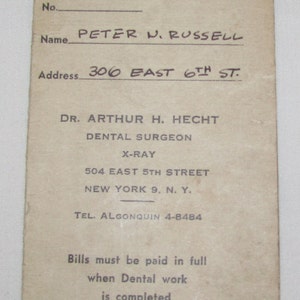 Vintage 1945 1946 Dentista Oficina de Pago de Facturas Tarjeta de Registro Dr. Arthur Hecht Cirujano Dental Rayos X Ciudad de Nueva York 1940s 2 7/8 "x 4"