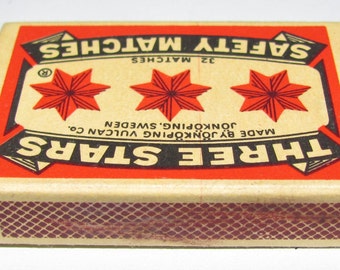 Vintage Matchbox Three Stars Safety Matches Strike on Box 10 Matches Black  Tips Match Box Tobacciana Made in Sweden 