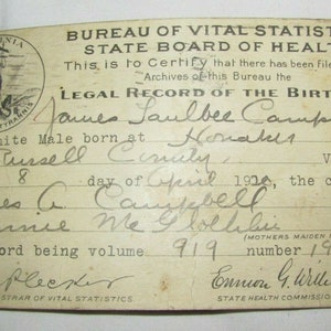 vintage Antique Virginia Bureau of Vital Statistics Annonce de naissance Carte postale 1920 James Taulbee Campbell