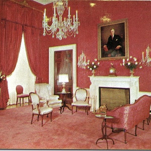Cartolina vintage non postata La Stanza Rossa La Casa Bianca Washington DC D.C. Kodachrome L.B. Prince Co. #PE-68